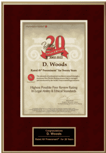 D. Kaye Woods Rated "Preeminent" Family Lawyer for 20 Years by Martindale-Hubbell - their highest possible Peer Review rating in Legal Ability and Ethical Standards.